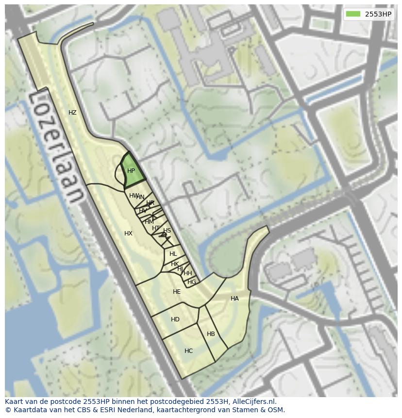 Afbeelding van het postcodegebied 2553 HP op de kaart.