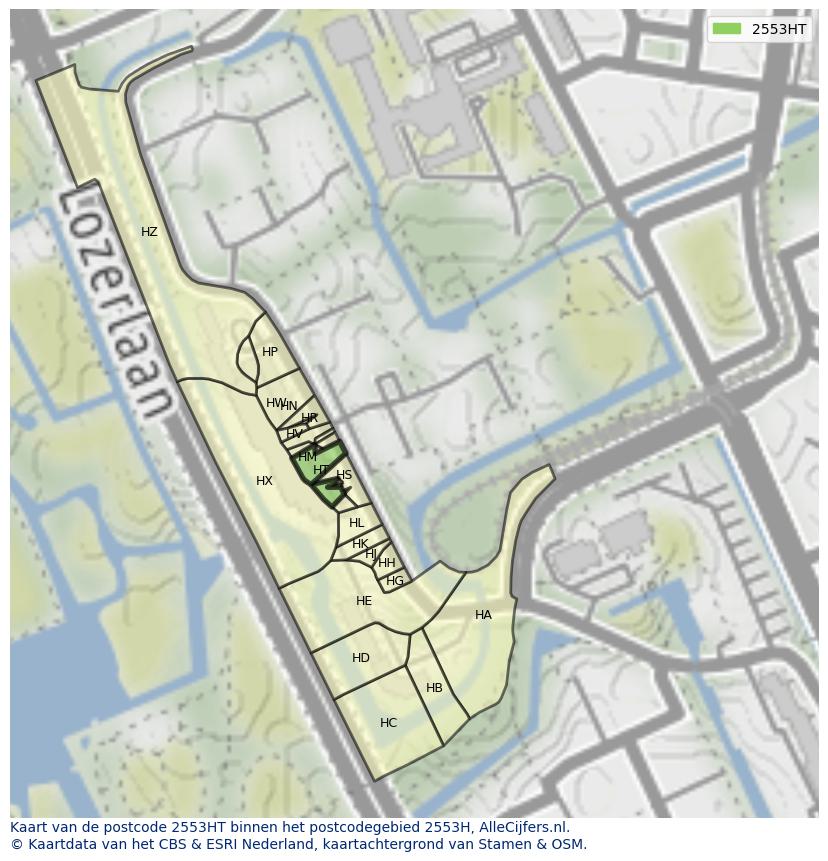Afbeelding van het postcodegebied 2553 HT op de kaart.