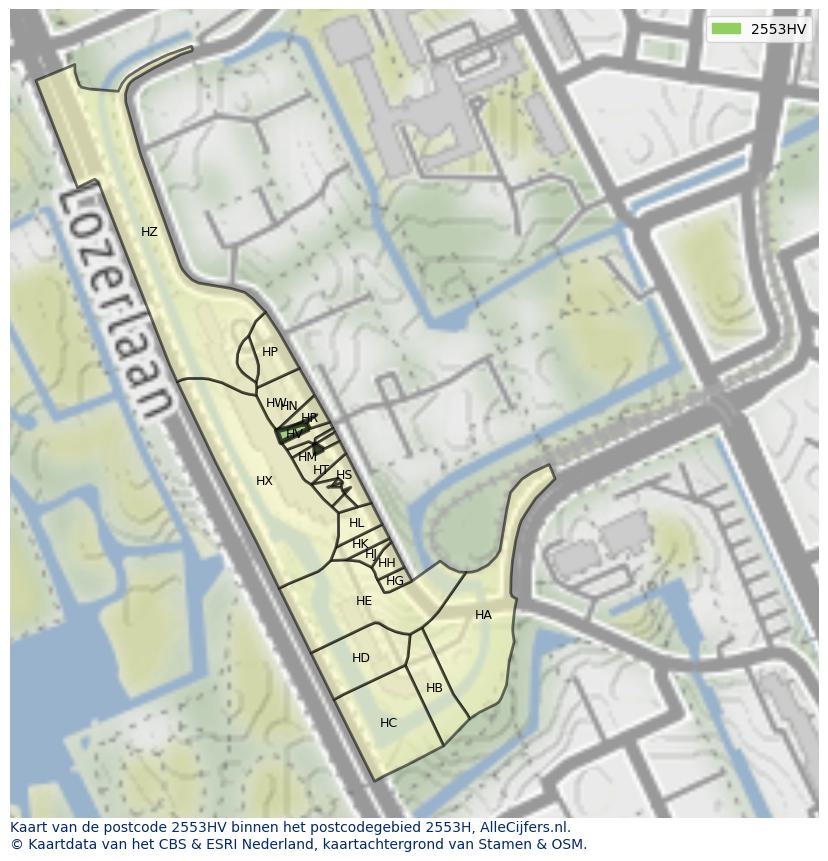 Afbeelding van het postcodegebied 2553 HV op de kaart.