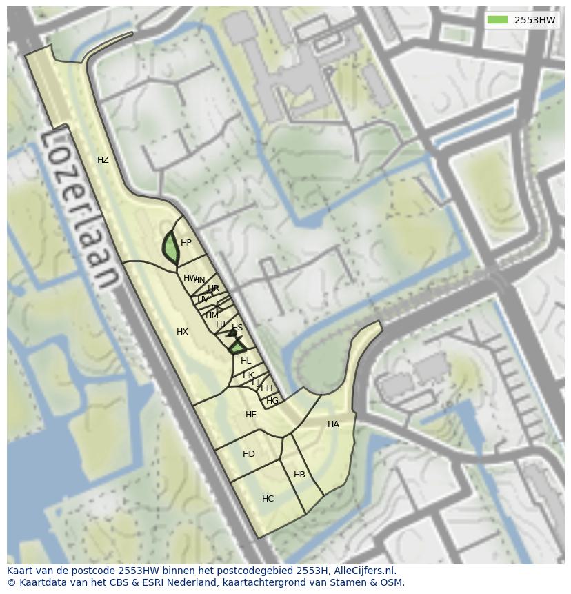 Afbeelding van het postcodegebied 2553 HW op de kaart.