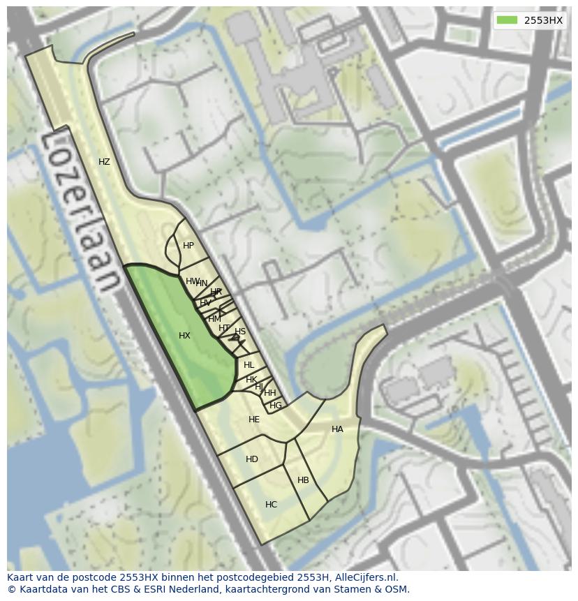 Afbeelding van het postcodegebied 2553 HX op de kaart.