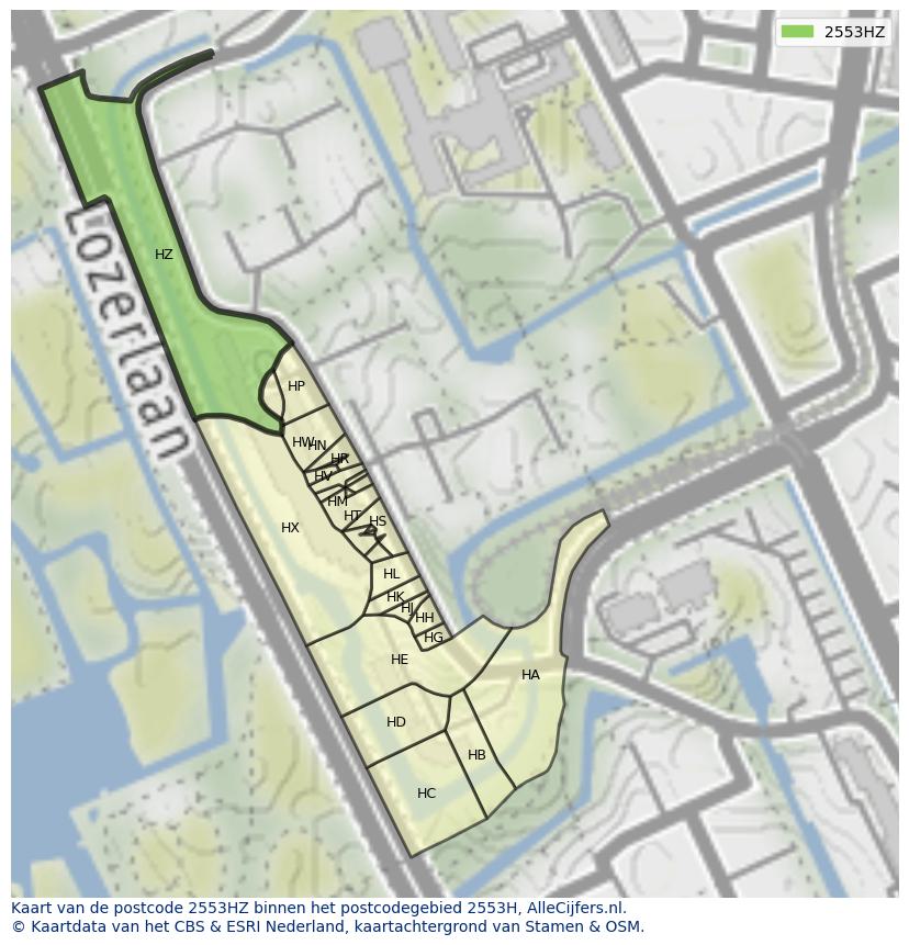 Afbeelding van het postcodegebied 2553 HZ op de kaart.