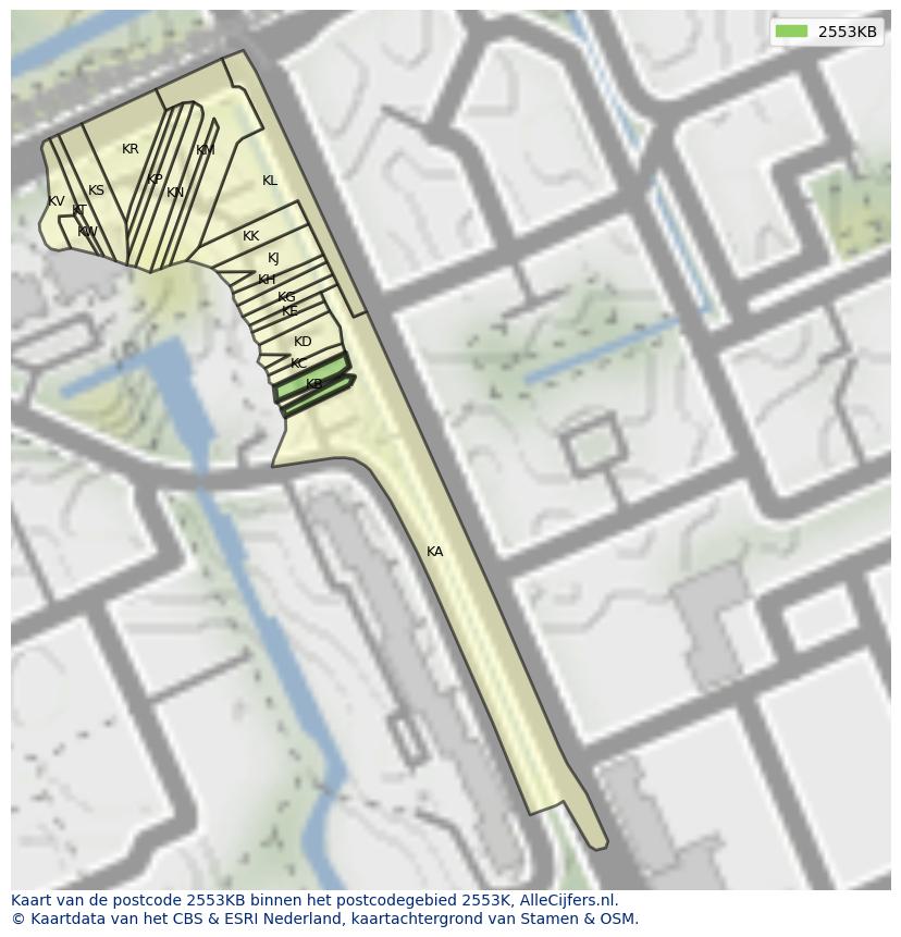 Afbeelding van het postcodegebied 2553 KB op de kaart.
