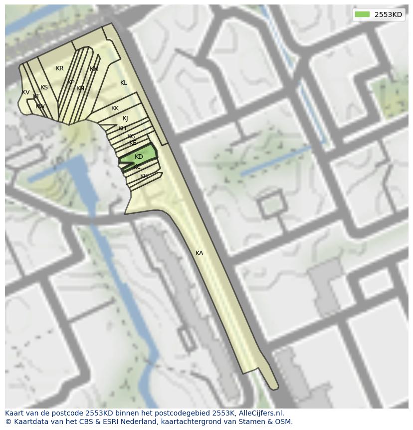Afbeelding van het postcodegebied 2553 KD op de kaart.