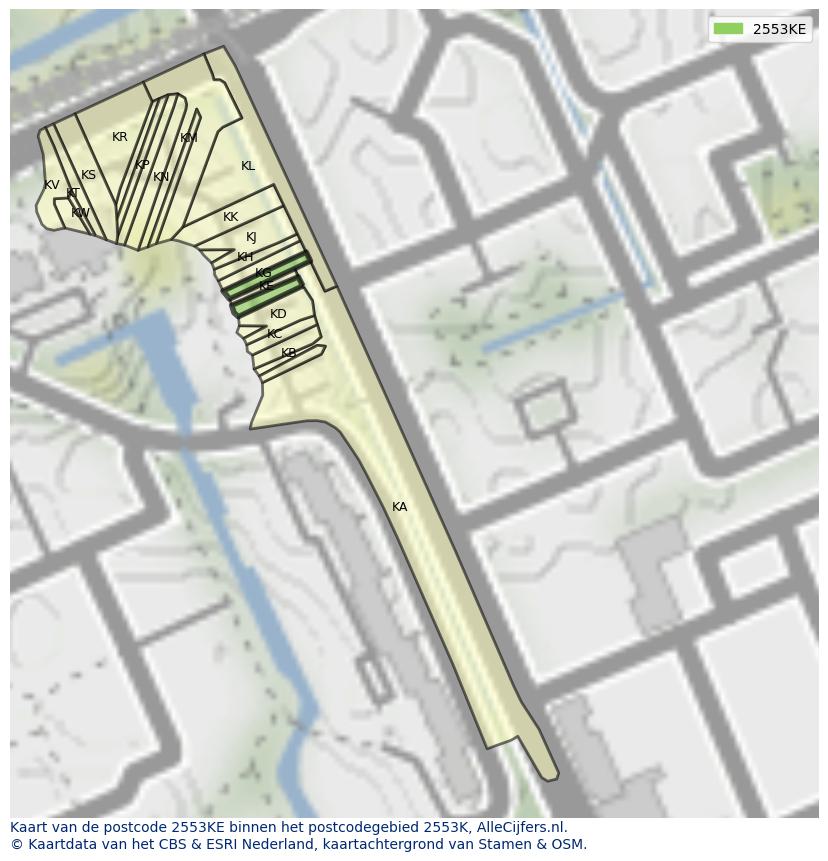 Afbeelding van het postcodegebied 2553 KE op de kaart.