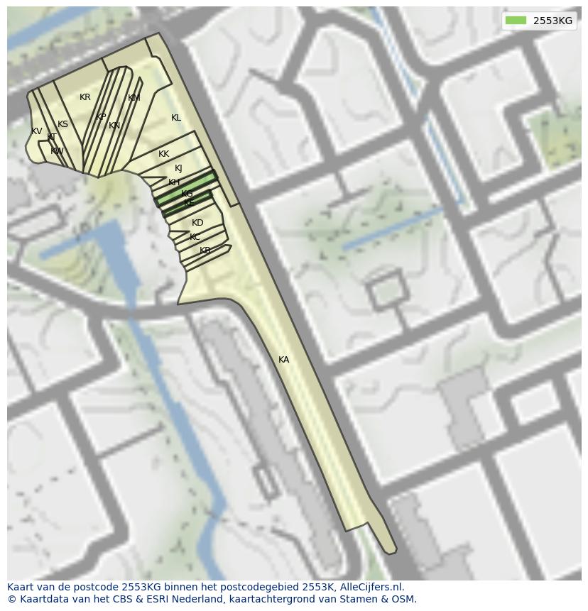 Afbeelding van het postcodegebied 2553 KG op de kaart.
