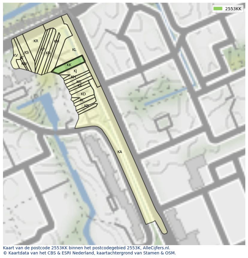 Afbeelding van het postcodegebied 2553 KK op de kaart.