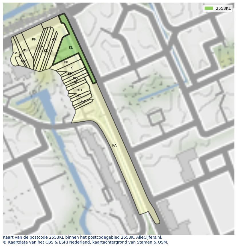 Afbeelding van het postcodegebied 2553 KL op de kaart.