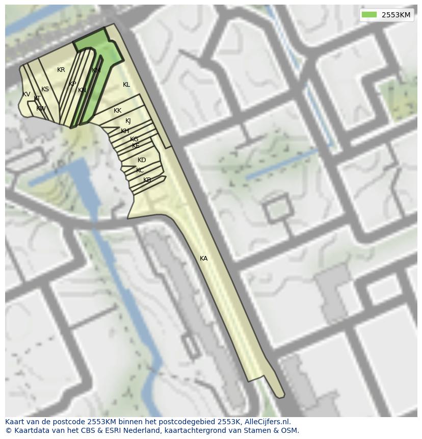 Afbeelding van het postcodegebied 2553 KM op de kaart.