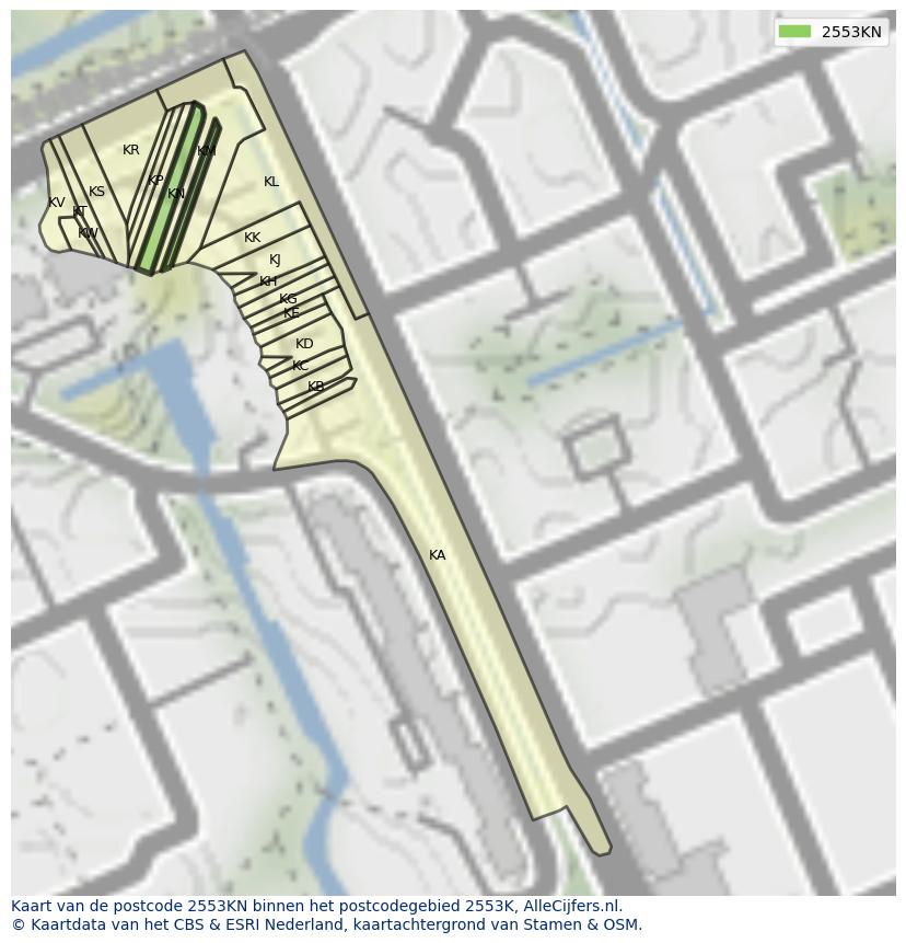 Afbeelding van het postcodegebied 2553 KN op de kaart.
