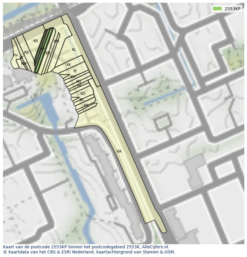 Afbeelding van het postcodegebied 2553 KP op de kaart.