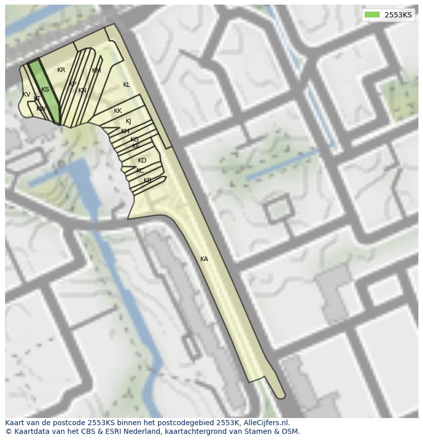Afbeelding van het postcodegebied 2553 KS op de kaart.