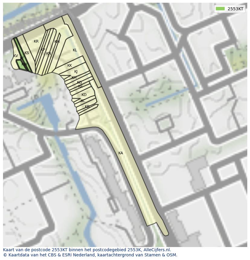 Afbeelding van het postcodegebied 2553 KT op de kaart.