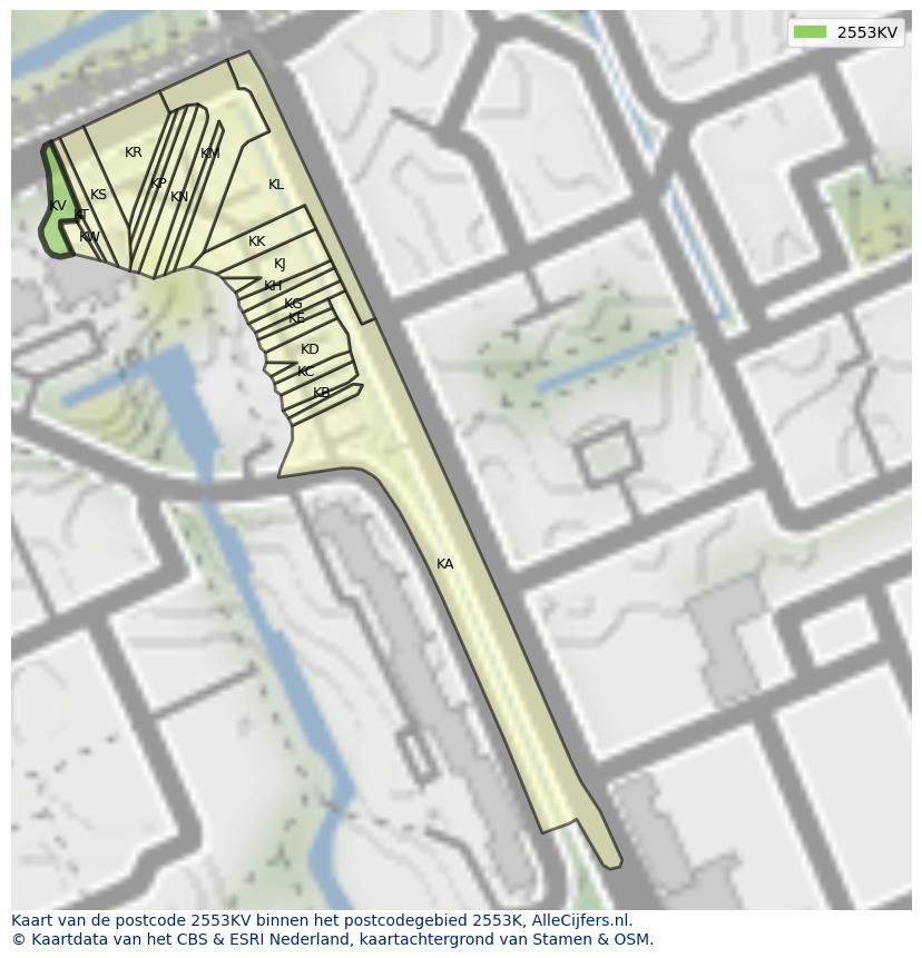 Afbeelding van het postcodegebied 2553 KV op de kaart.
