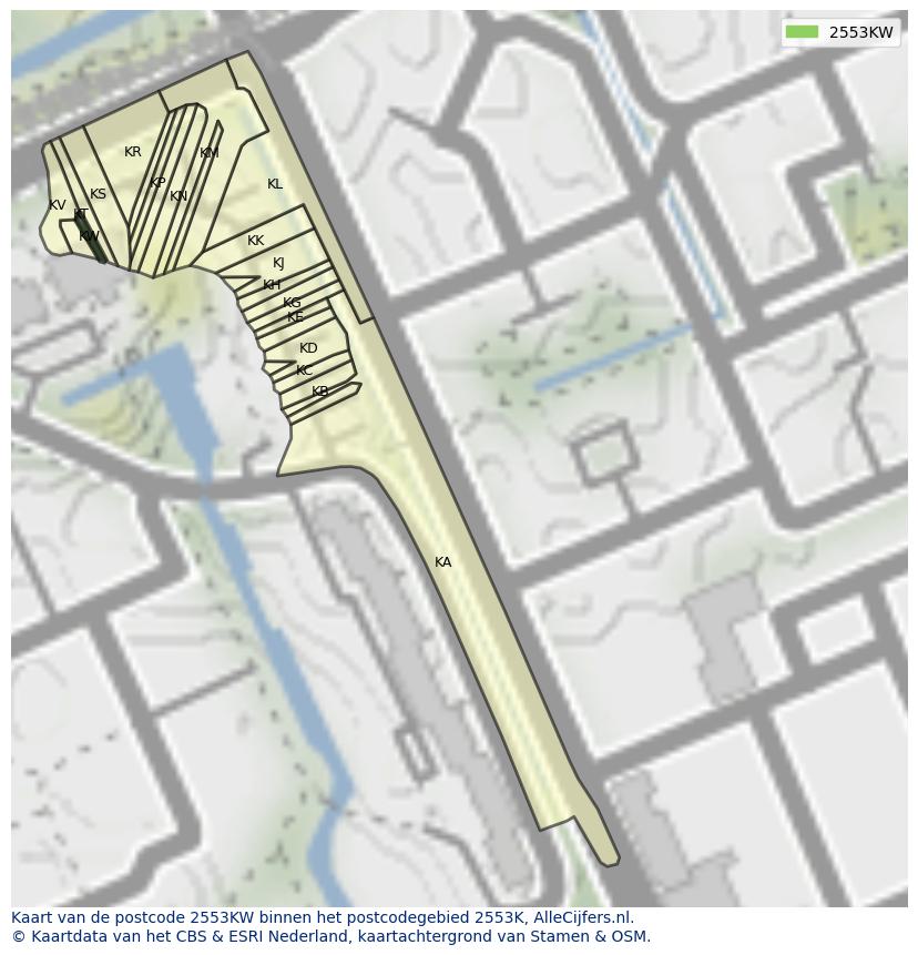 Afbeelding van het postcodegebied 2553 KW op de kaart.