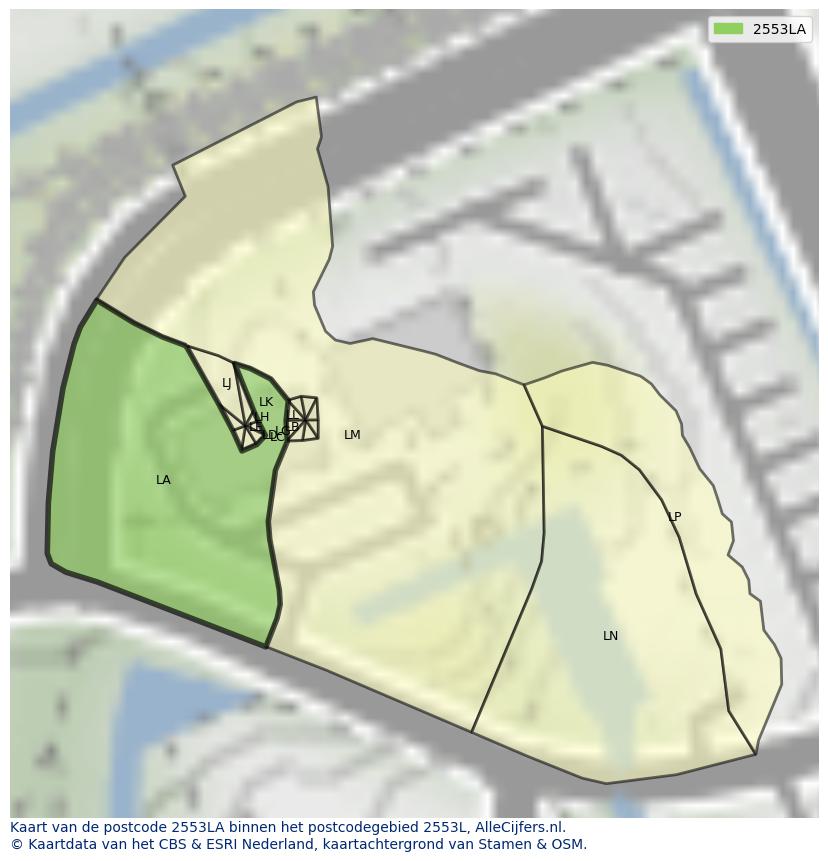 Afbeelding van het postcodegebied 2553 LA op de kaart.