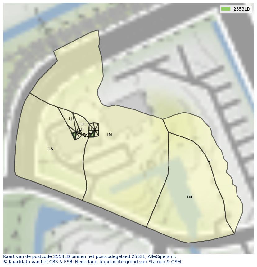 Afbeelding van het postcodegebied 2553 LD op de kaart.