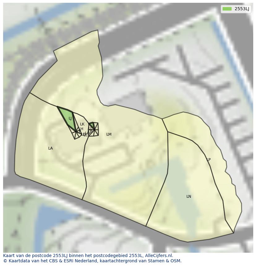 Afbeelding van het postcodegebied 2553 LJ op de kaart.