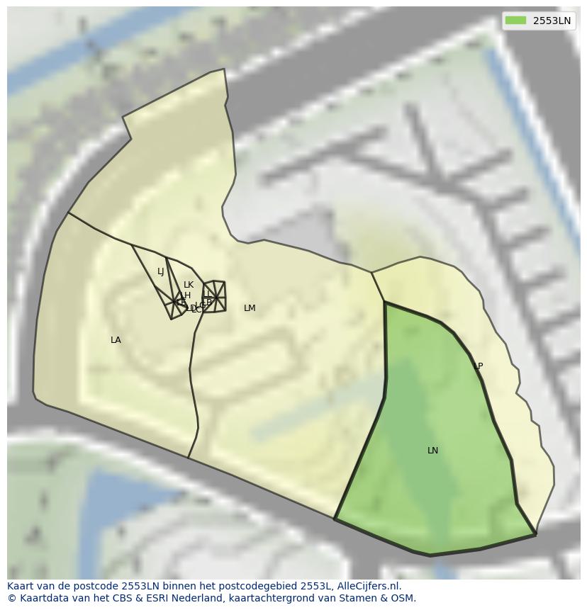 Afbeelding van het postcodegebied 2553 LN op de kaart.