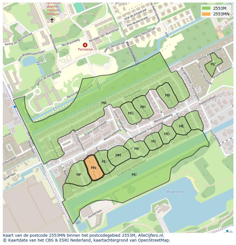 Afbeelding van het postcodegebied 2553 MN op de kaart.
