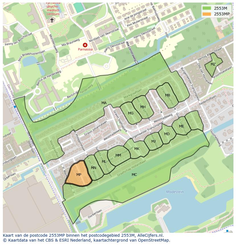 Afbeelding van het postcodegebied 2553 MP op de kaart.