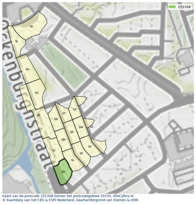 Afbeelding van het postcodegebied 2553 SB op de kaart.