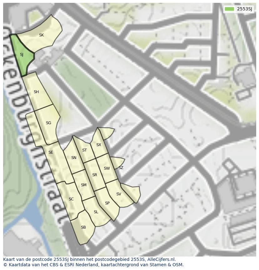 Afbeelding van het postcodegebied 2553 SJ op de kaart.