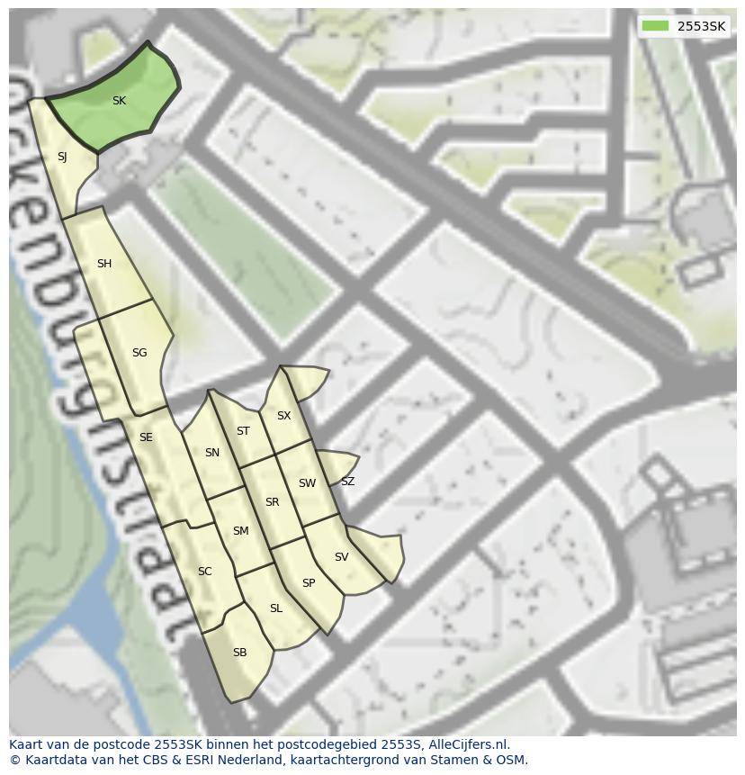 Afbeelding van het postcodegebied 2553 SK op de kaart.