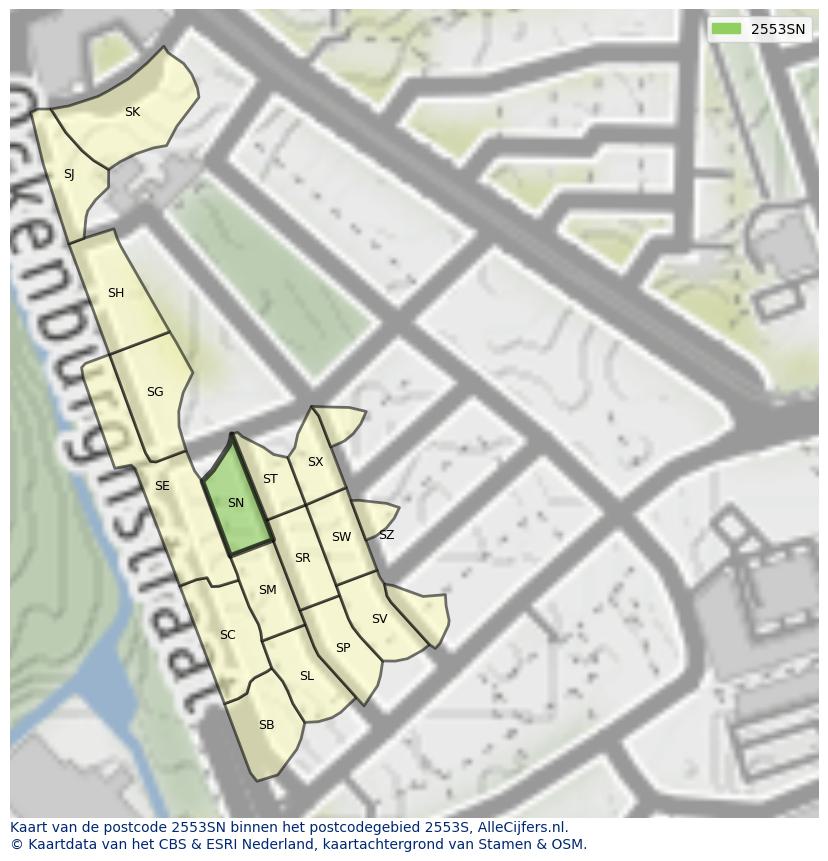 Afbeelding van het postcodegebied 2553 SN op de kaart.