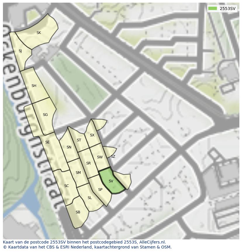 Afbeelding van het postcodegebied 2553 SV op de kaart.