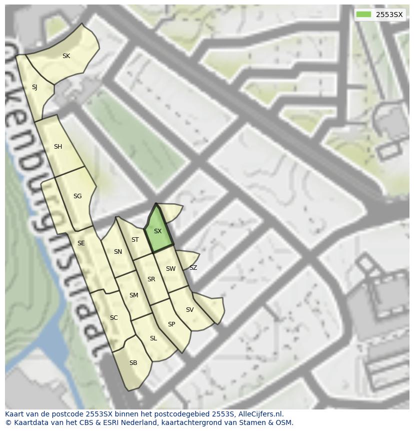 Afbeelding van het postcodegebied 2553 SX op de kaart.