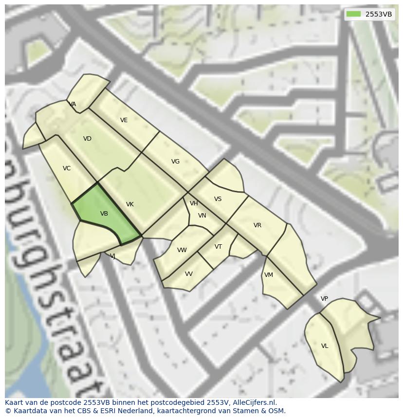 Afbeelding van het postcodegebied 2553 VB op de kaart.