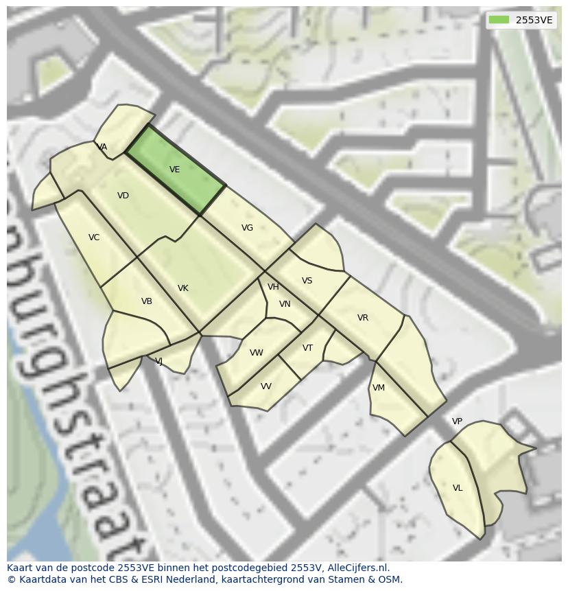 Afbeelding van het postcodegebied 2553 VE op de kaart.