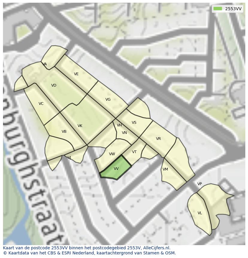 Afbeelding van het postcodegebied 2553 VV op de kaart.