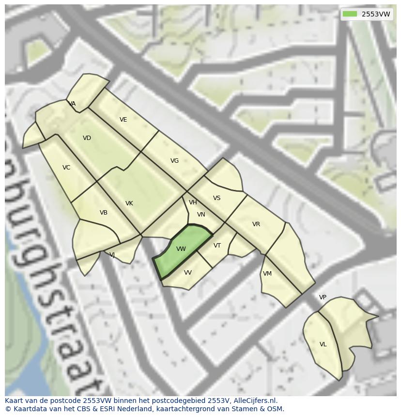 Afbeelding van het postcodegebied 2553 VW op de kaart.