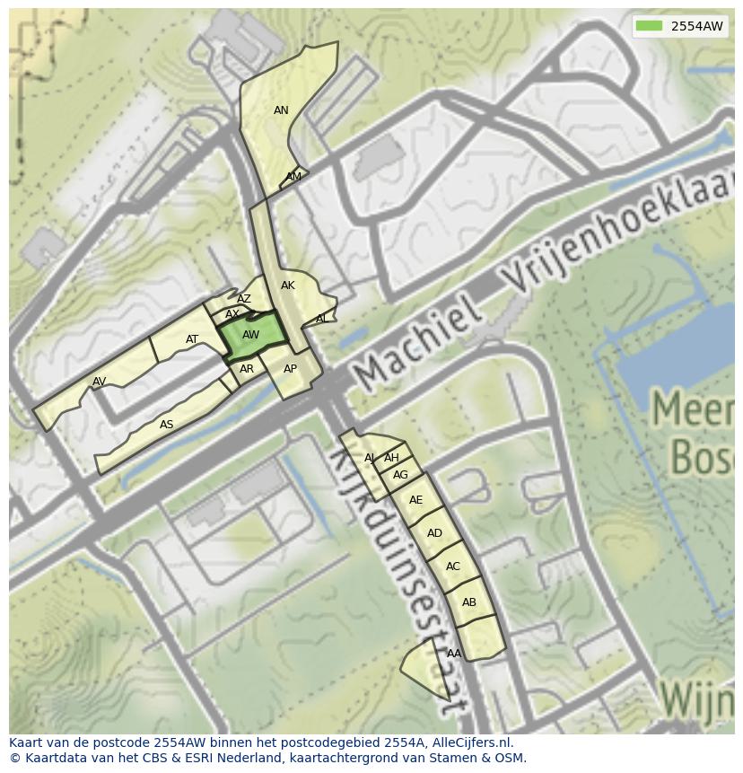 Afbeelding van het postcodegebied 2554 AW op de kaart.