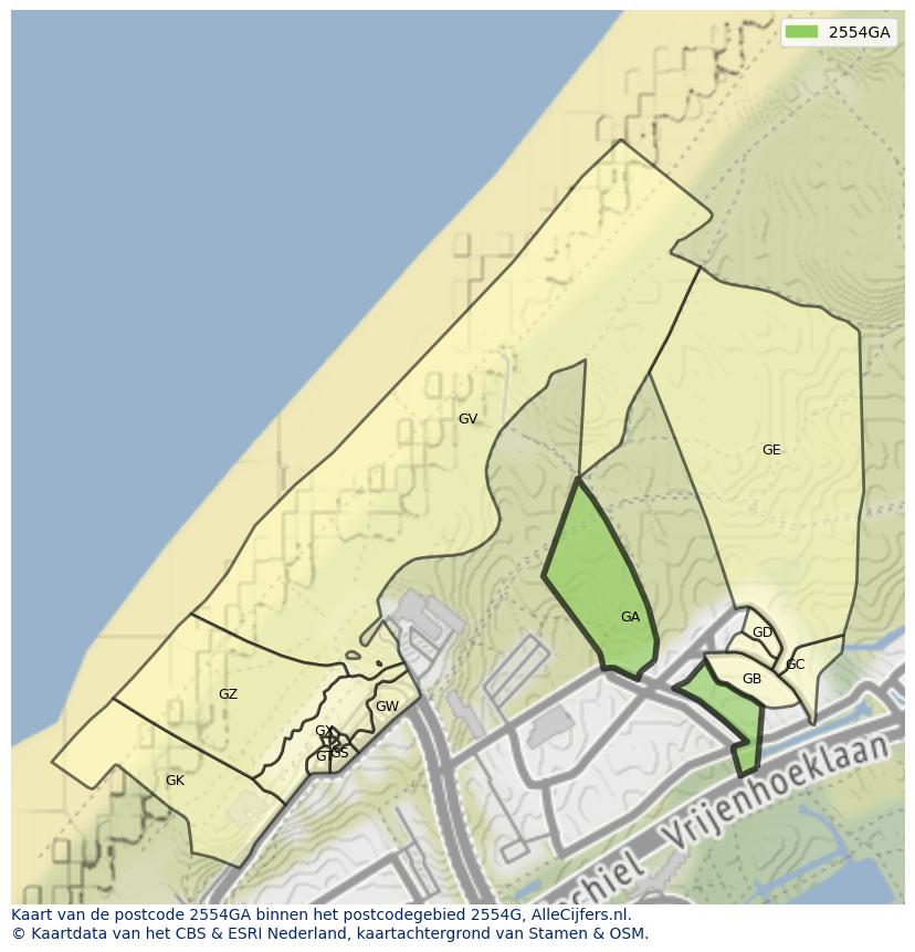 Afbeelding van het postcodegebied 2554 GA op de kaart.