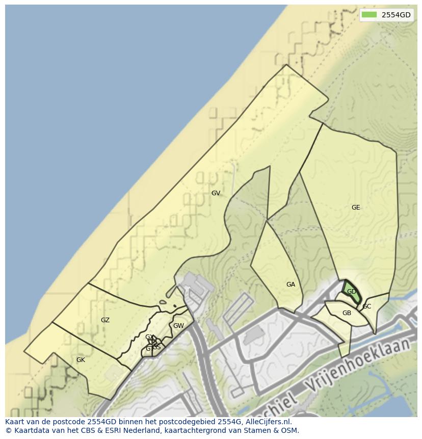 Afbeelding van het postcodegebied 2554 GD op de kaart.