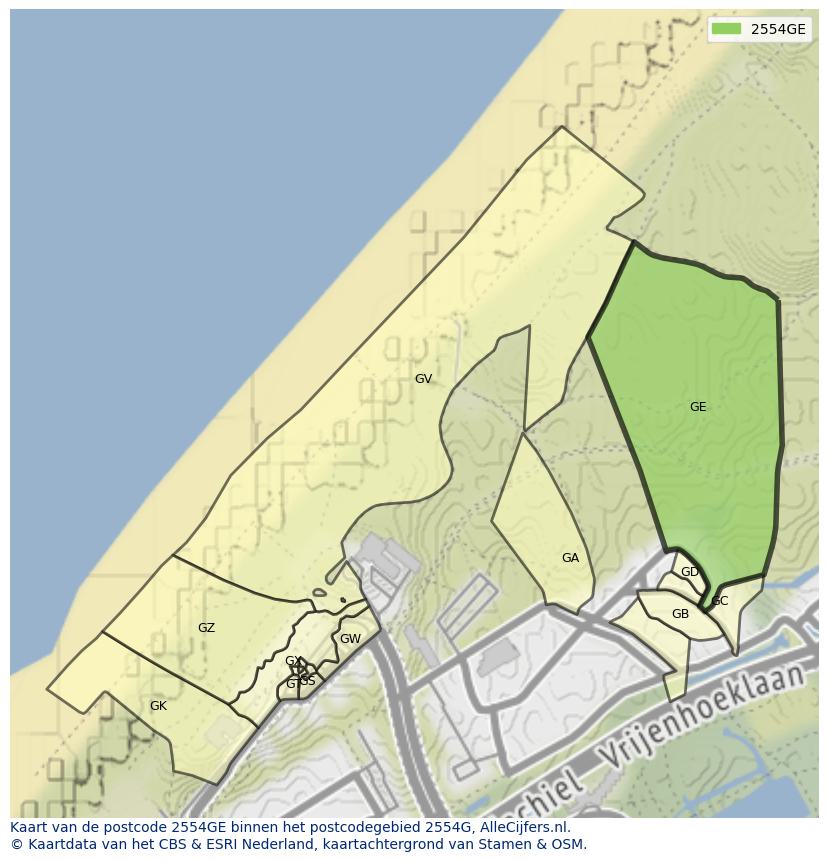 Afbeelding van het postcodegebied 2554 GE op de kaart.