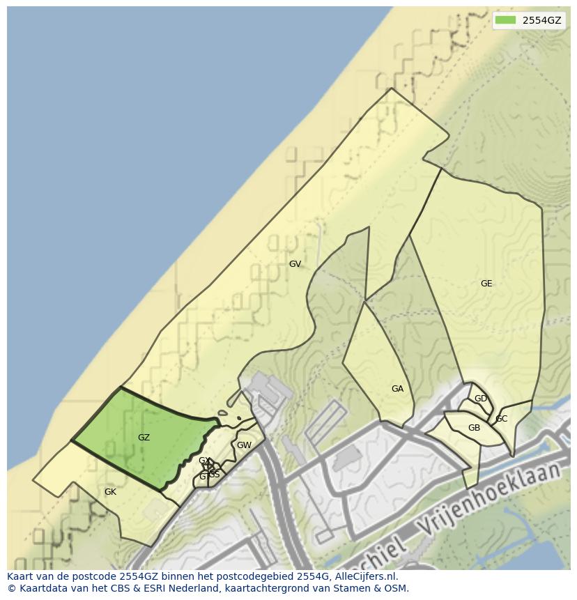 Afbeelding van het postcodegebied 2554 GZ op de kaart.