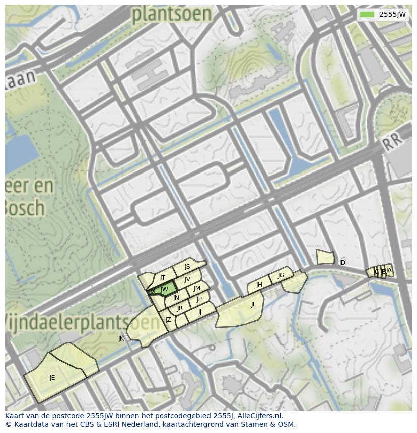 Afbeelding van het postcodegebied 2555 JW op de kaart.