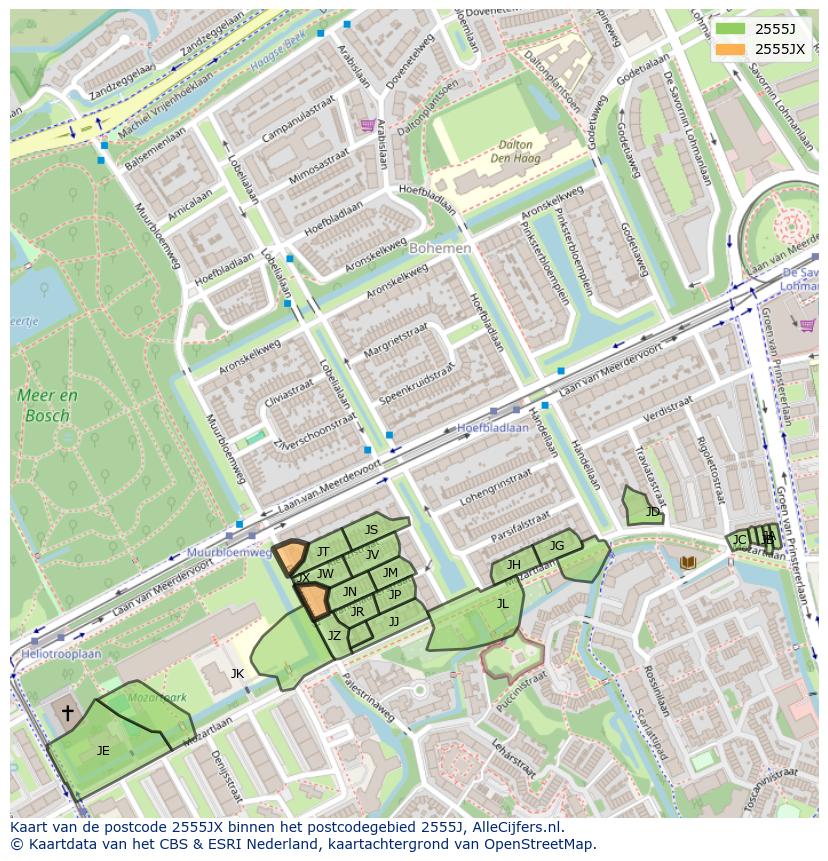 Afbeelding van het postcodegebied 2555 JX op de kaart.
