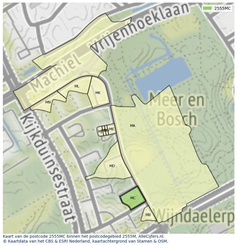Afbeelding van het postcodegebied 2555 MC op de kaart.