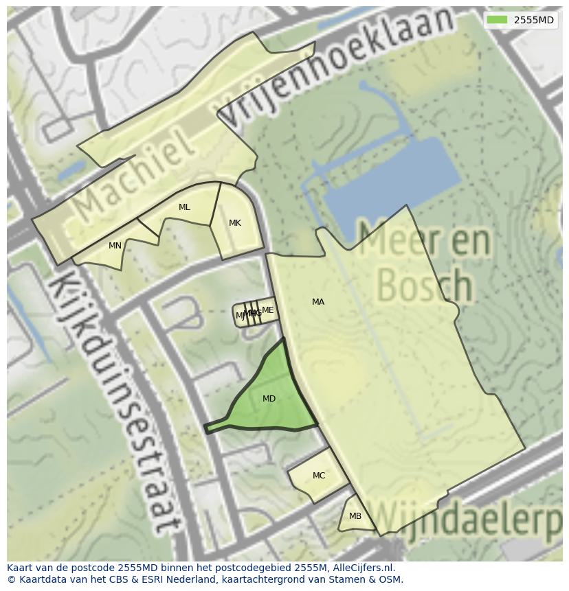 Afbeelding van het postcodegebied 2555 MD op de kaart.
