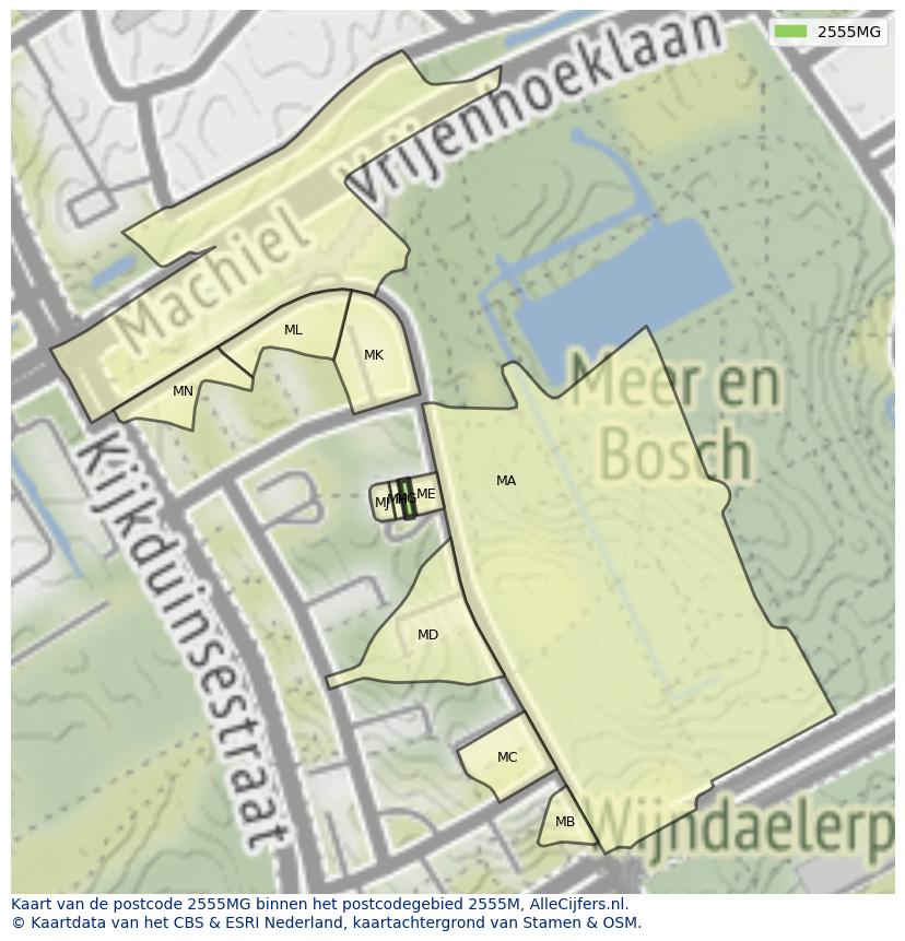 Afbeelding van het postcodegebied 2555 MG op de kaart.