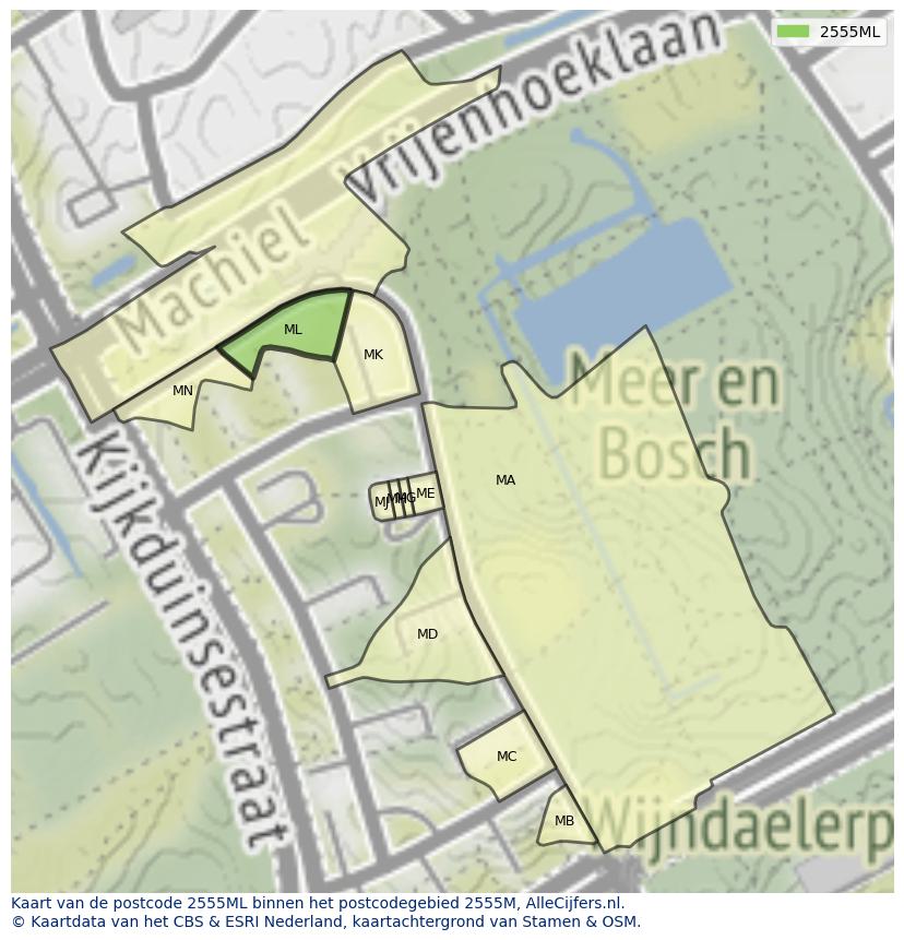 Afbeelding van het postcodegebied 2555 ML op de kaart.
