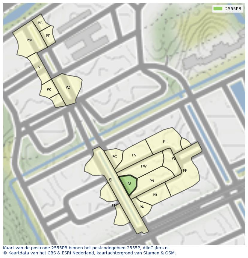 Afbeelding van het postcodegebied 2555 PB op de kaart.