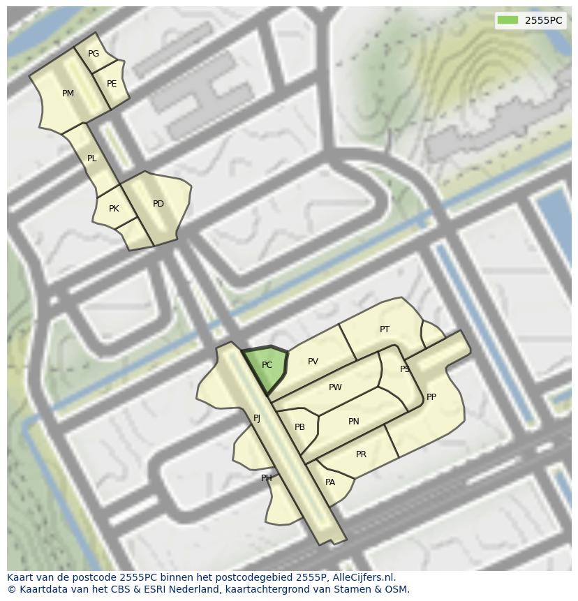 Afbeelding van het postcodegebied 2555 PC op de kaart.
