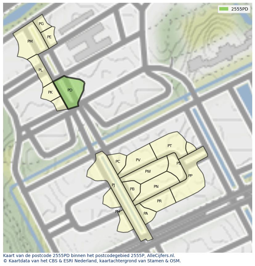 Afbeelding van het postcodegebied 2555 PD op de kaart.