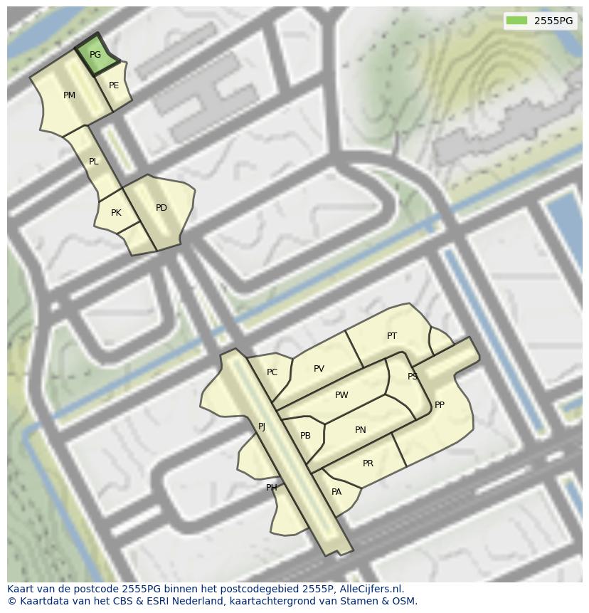 Afbeelding van het postcodegebied 2555 PG op de kaart.